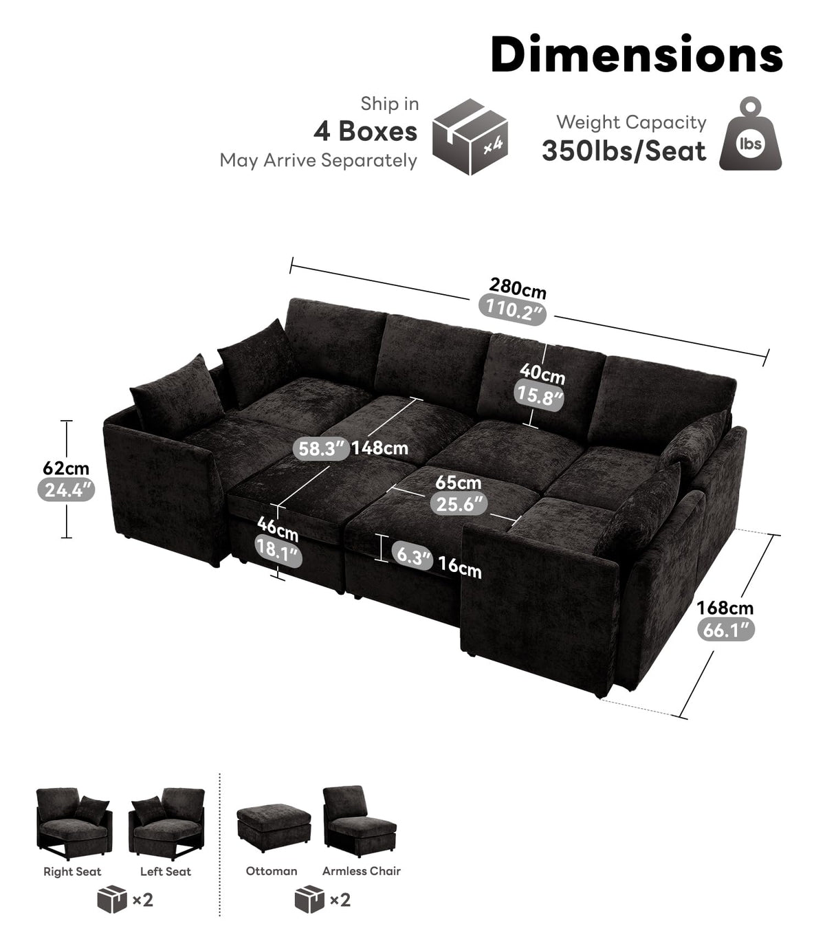 Tbfit U Shaped Couch 8 Seat, Sectional Sofa for Living Room,Chenille Cloud Couch with Ottoman, Black