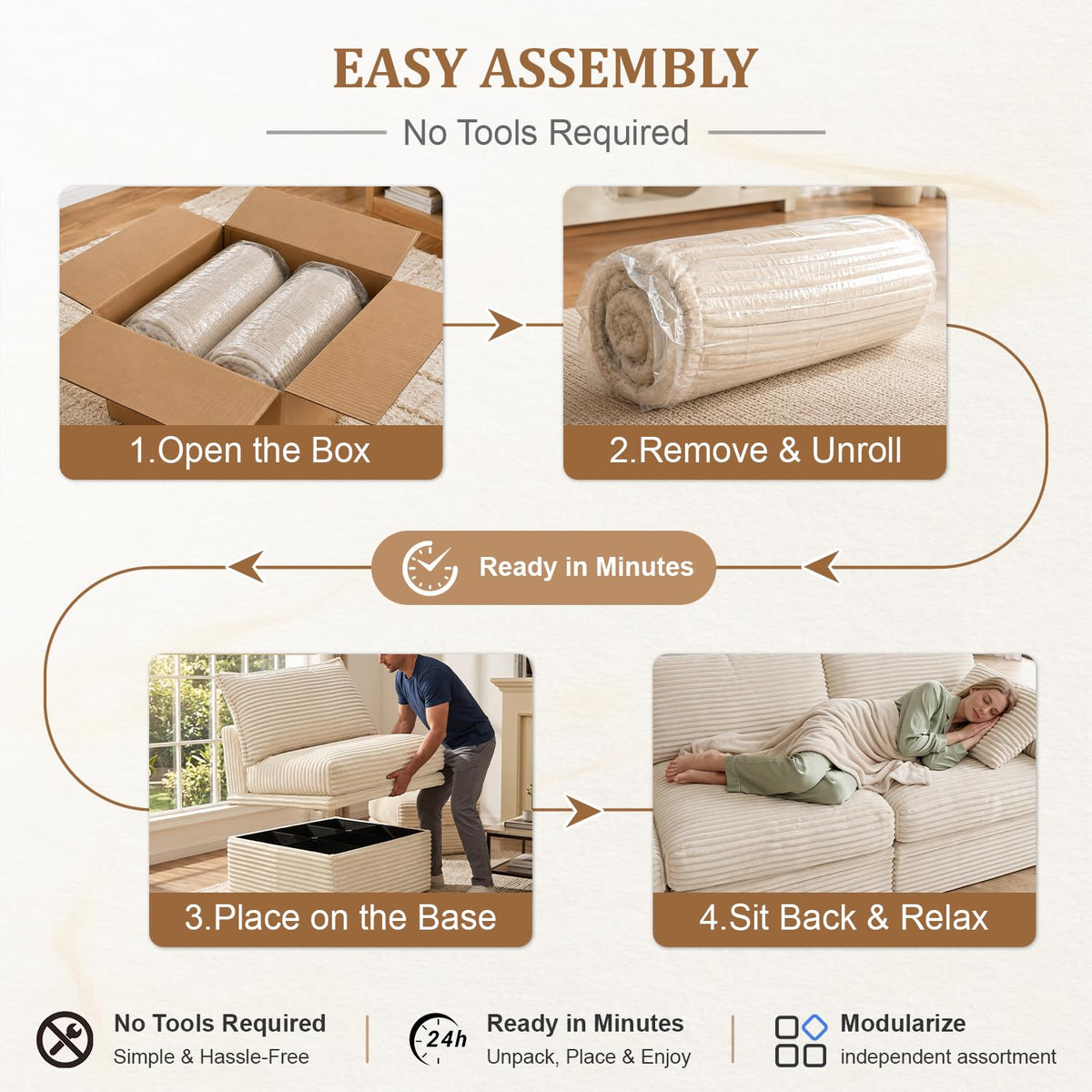 Upgrade Boneless Couch with Storage, Extra Deep&High Seat Modular Sectional Sofa 3 Seater U Shaped Cloud Couch with Ottoman, Tool-Free Assembly Sectional Couches for Living Room