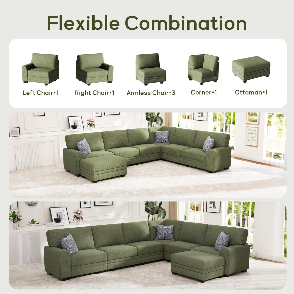 Wanderwell Oversized Modular Sectional Sofa, 6-Seater U Shaped Couches with Movable Ottoman,Corduroy Sectional Couch with Wide and Deep Seats Suitable for Living Room,Bedroom,Apartment (Olive, L-7)
