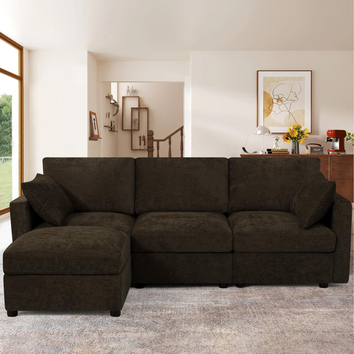 110" Chenille 4 Seats Couch with 2 Ottomans, Black