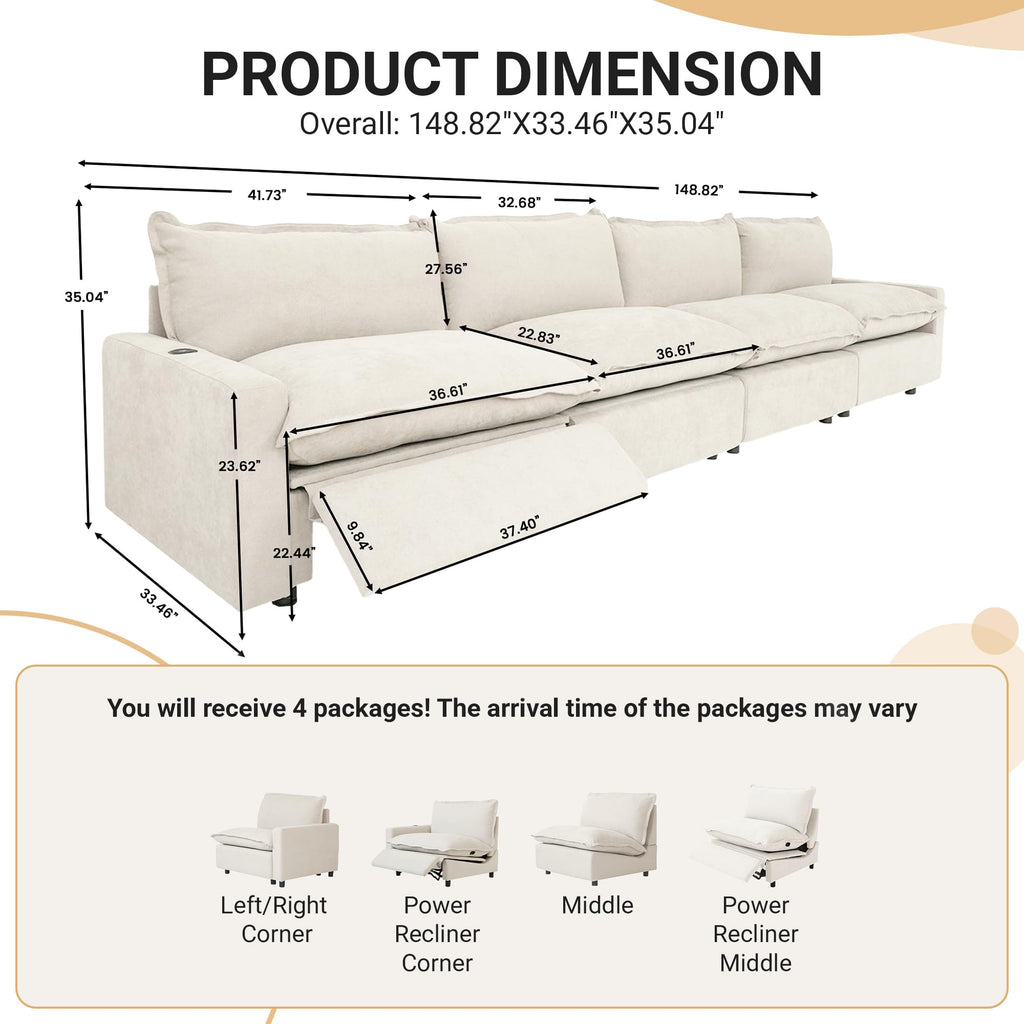 WJShome 116''Oversized Cloud Couch Modular Sectional Reclining Couches for Living Room, Reclining Couch with USB/Type C and Wireless Charging, 3 Seat with Power Recliner Sofa, Beige