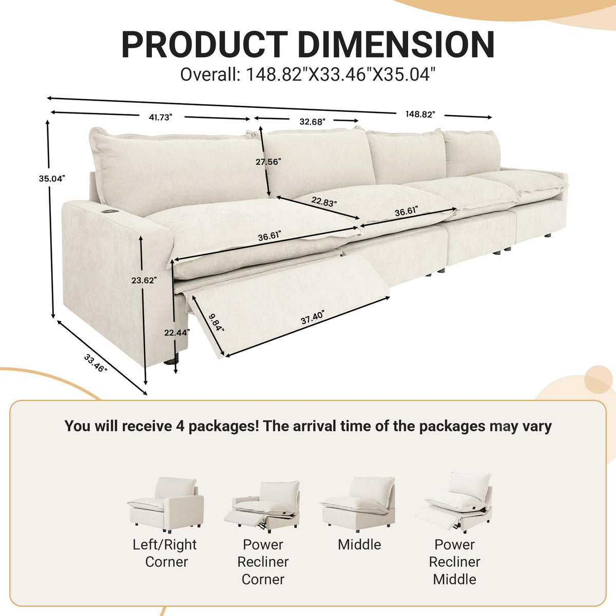 WJShome 116''Oversized Cloud Couch Modular Sectional Reclining Couches for Living Room, Reclining Couch with USB/Type C and Wireless Charging, 3 Seat with Power Recliner Sofa, Beige
