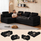 106" Convertible Sleeper Sectional Sofa Bed, 4-in-1 Corduroy Boneless Couch with Fixed-Shape Frame, Modular L-Shaped Sofa with Pillows, Fold Out Floor Sofa for Living Room Apartment (Black)