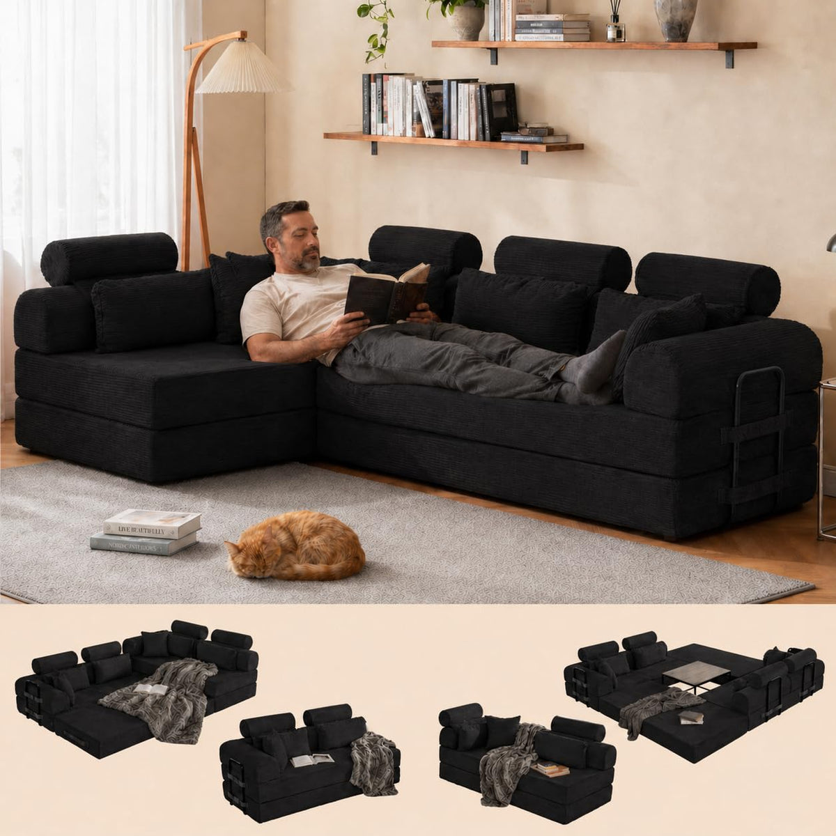 106" Convertible Sleeper Sectional Sofa Bed, 4-in-1 Corduroy Boneless Couch with Fixed-Shape Frame, Modular L-Shaped Sofa with Pillows, Fold Out Floor Sofa for Living Room Apartment (Black)