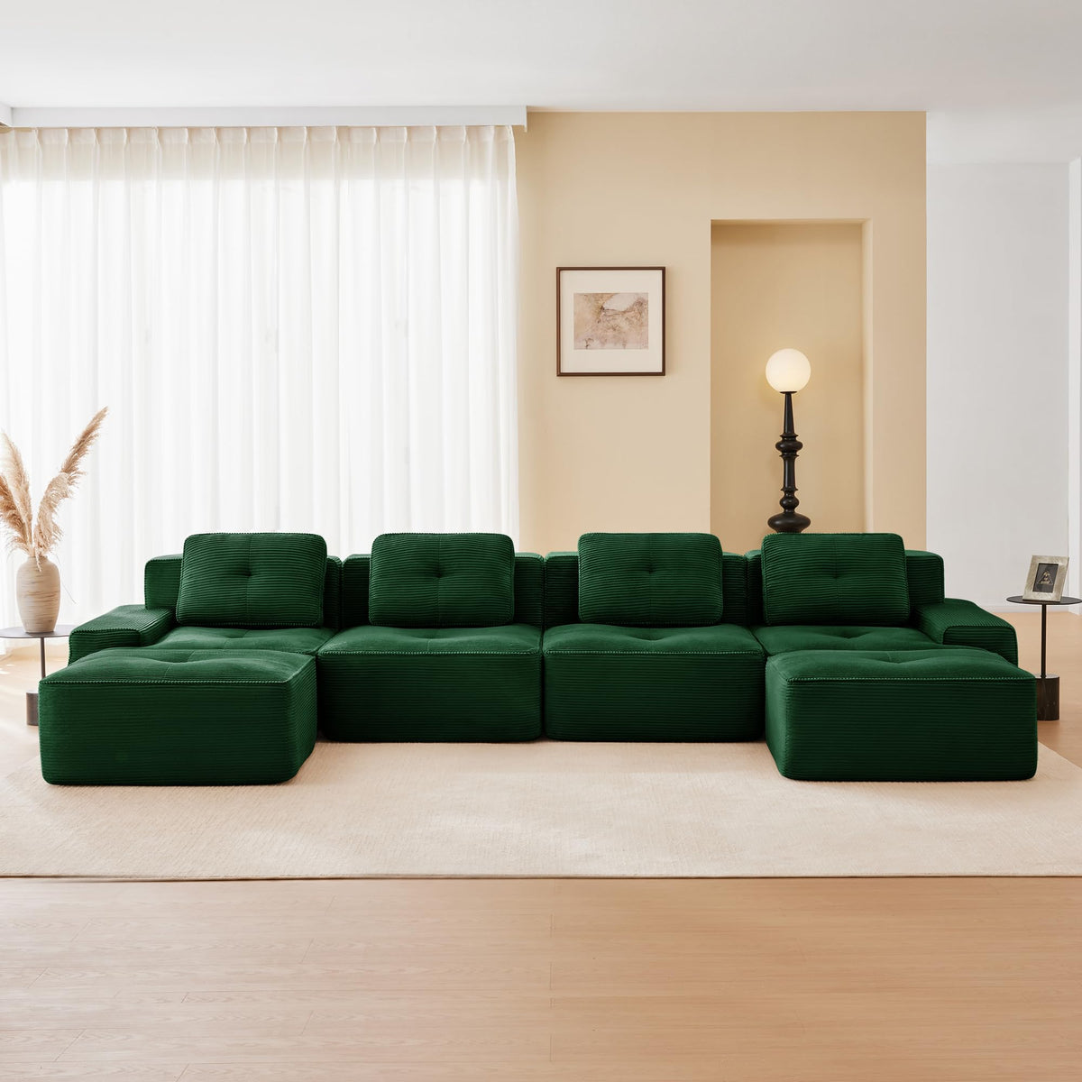 115.3” Camel Boneless Couches for Living Room, Modular Sectional Sofa with L-Shape Chaise, 3 Seater Comfy Upholstered Deep Seat Corduroy Fabric Cloud Couch No Assembly, Anti-Slip Design