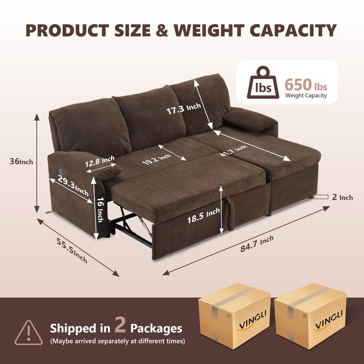 VINGLI Convertible Sofa Bed Couches for Living Room, Sleeper Sofa with Pull Out Couch Bed, Cloud-Like Plush Fleece L-Shape Sectional Couch with Storage Chaise, USB Charging, Side Pockets (Dark Brown)