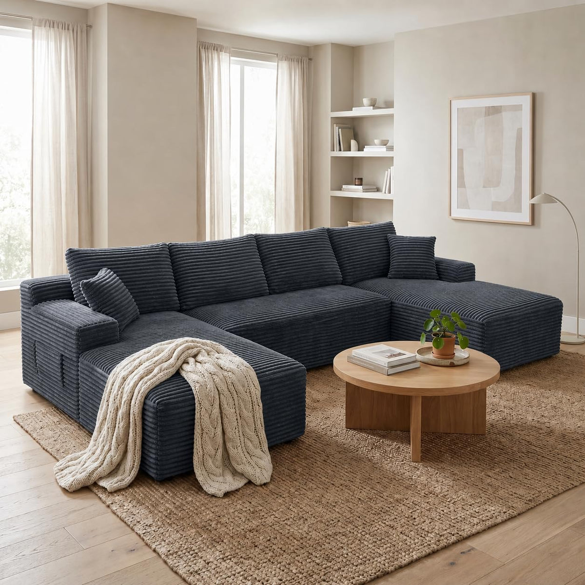 132.1" Compressible U-Shaped Sectional Sofa Set, Minimalist Modular Cloud Couch with Corduroy Fabric, Zero-Leg Full Base Design, Includes 2 Throw Pillows, Perfect for Living Room, Apartment, Condo