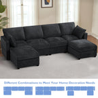 110" Chenille 4 Seats Couch with 2 Ottomans, Black