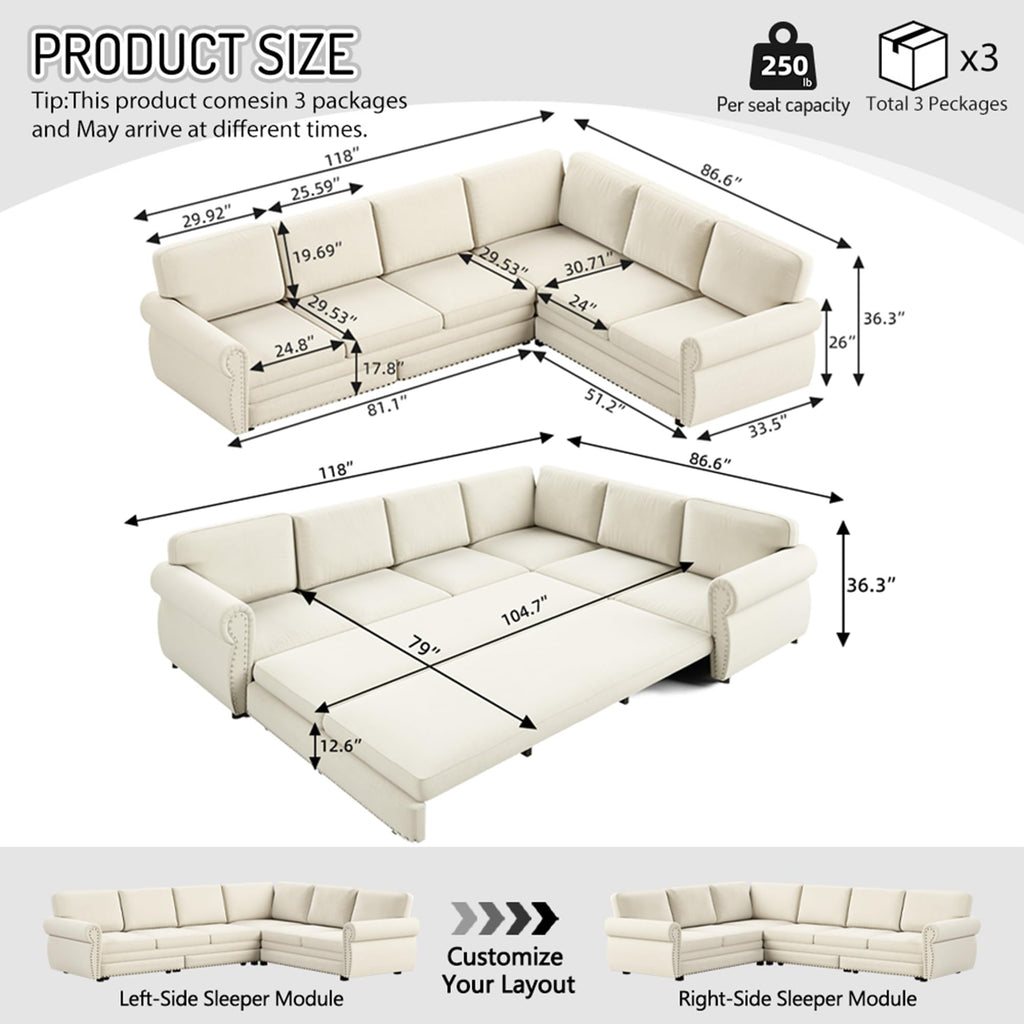 118'' Sectional Sleeper Sofa Bed King Size, Oversized Pull Out Couch, Chenille 6-Seater L-Shape Convertible Sofa with Nailhead Trim, Modern Upholstered Living Room Couches for Apartment, Beige