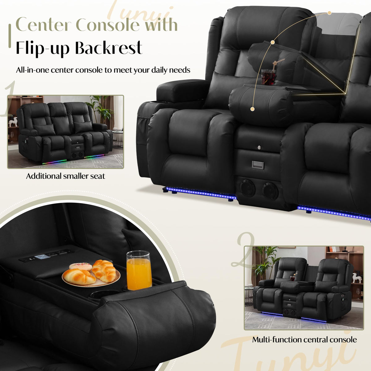 TUNYI Power Loveseat Recliner Sofa, Faux Leather Reclining Sofa with Console RV Reclining Loveseat Couch with USB/Outlet/Storage/Side Pocket/LED Light/Speaker (Black, Loveseat)