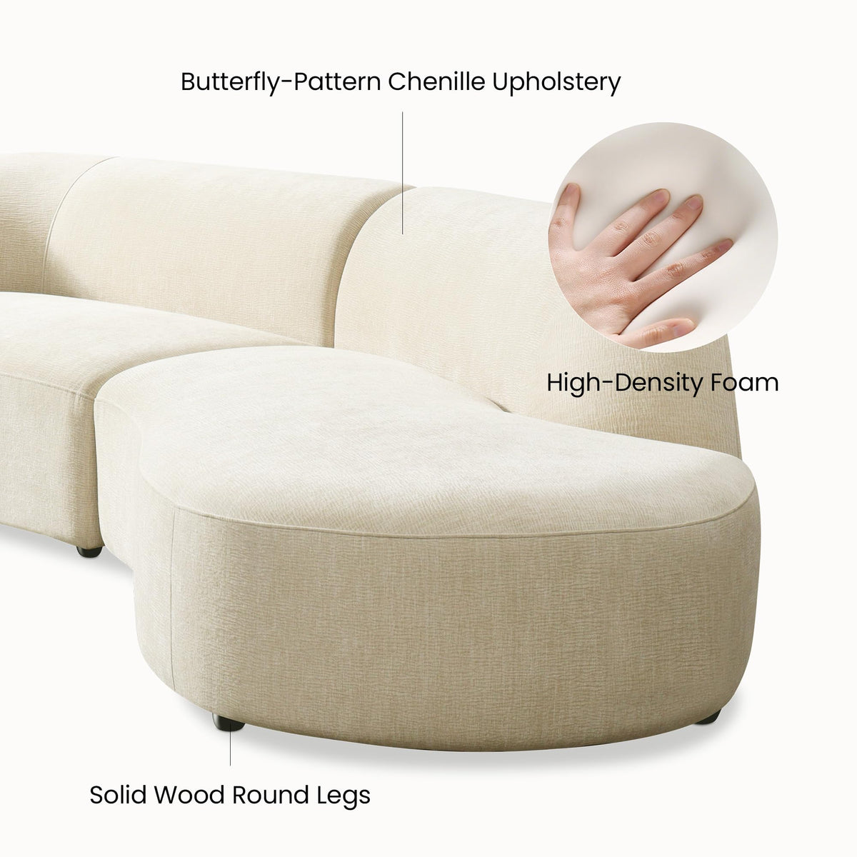 118" Right-Facing Chenille Sectional Sofa with Chaise, Modern Curved Cloud Couch, Deep Seat Upholstered Sofa with Solid Wood Frame, Organic Rounded Design for Living Room, Beige