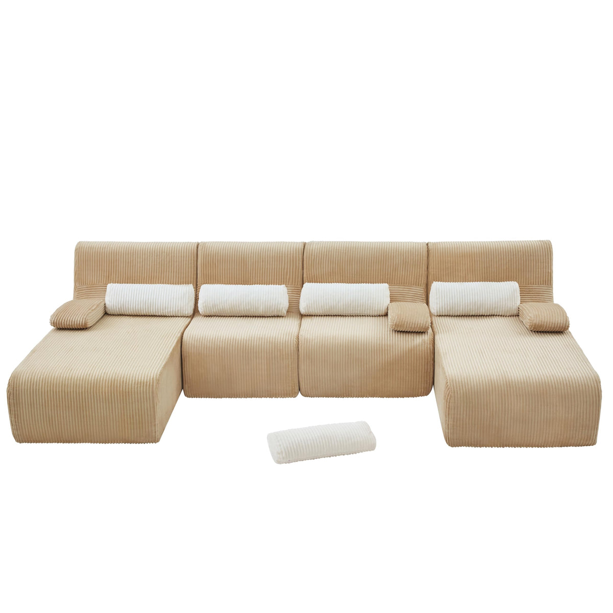 132" U-Shaped Cloud Sectional Couch Oversized Compressed Boneless Modular Sectional Sofa with Lumbar Pillow and 2 Chaise Loungers, Plush Corduroy Boneless Symmetrical Sofa