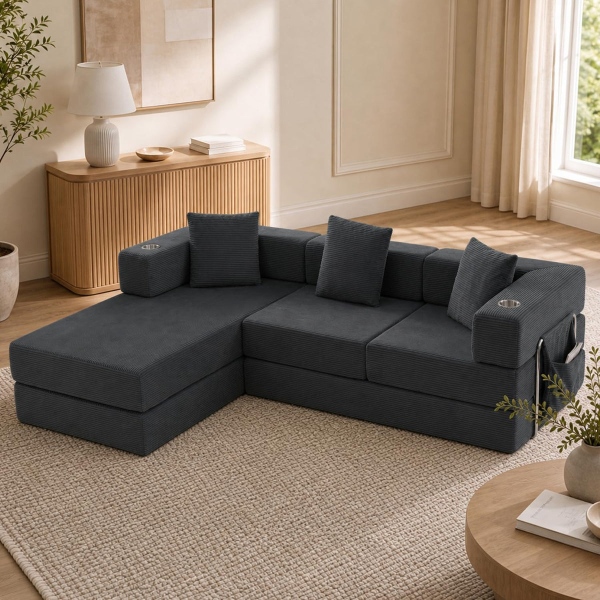 108" Modular Sectional Sofa Bed, L-Shaped Boneless Couch, Yellow