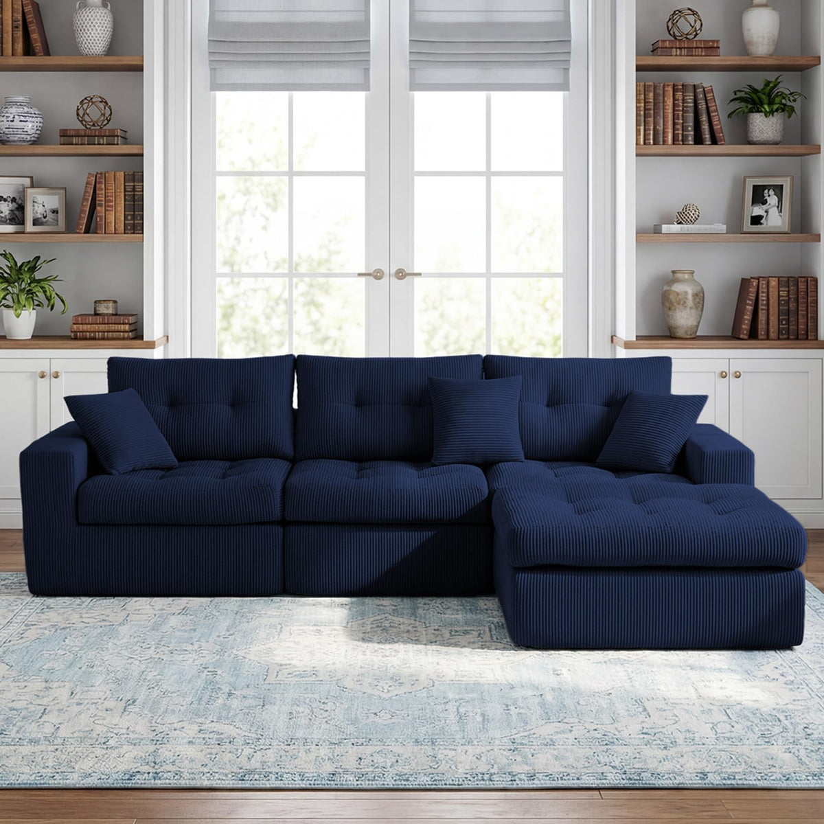 113" Oversized L-Shaped Modular Cloud Sofa Corduroy Upholstered Tufted Boneless Sectional with Deep Seat & Headrests, 4 PCS Compressed Boneless Couches with Movable Ottoman
