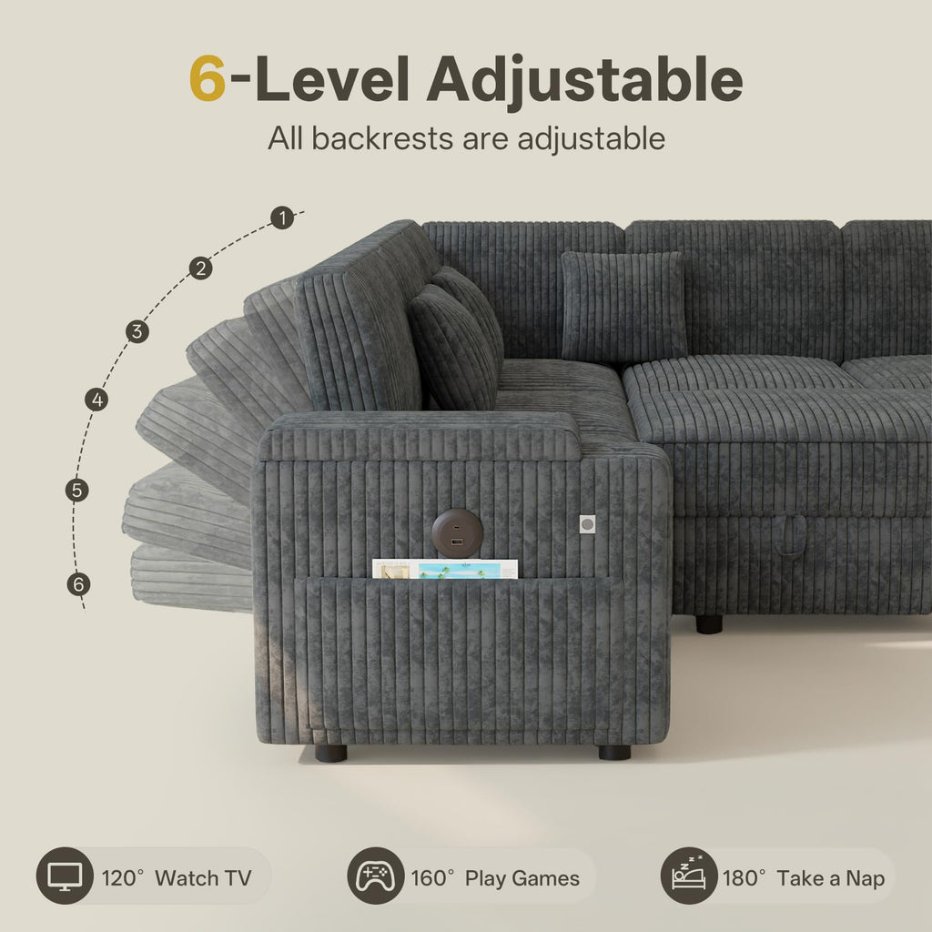100" Modular Sectional Sleeper Sofa with Pull Out Bed, 7 Seat Corduroy U Shaped Couch with Storage Chaise|6-Position Backrest|Side Table|USB Port, Dark Grey Sectional Couches for Living Room