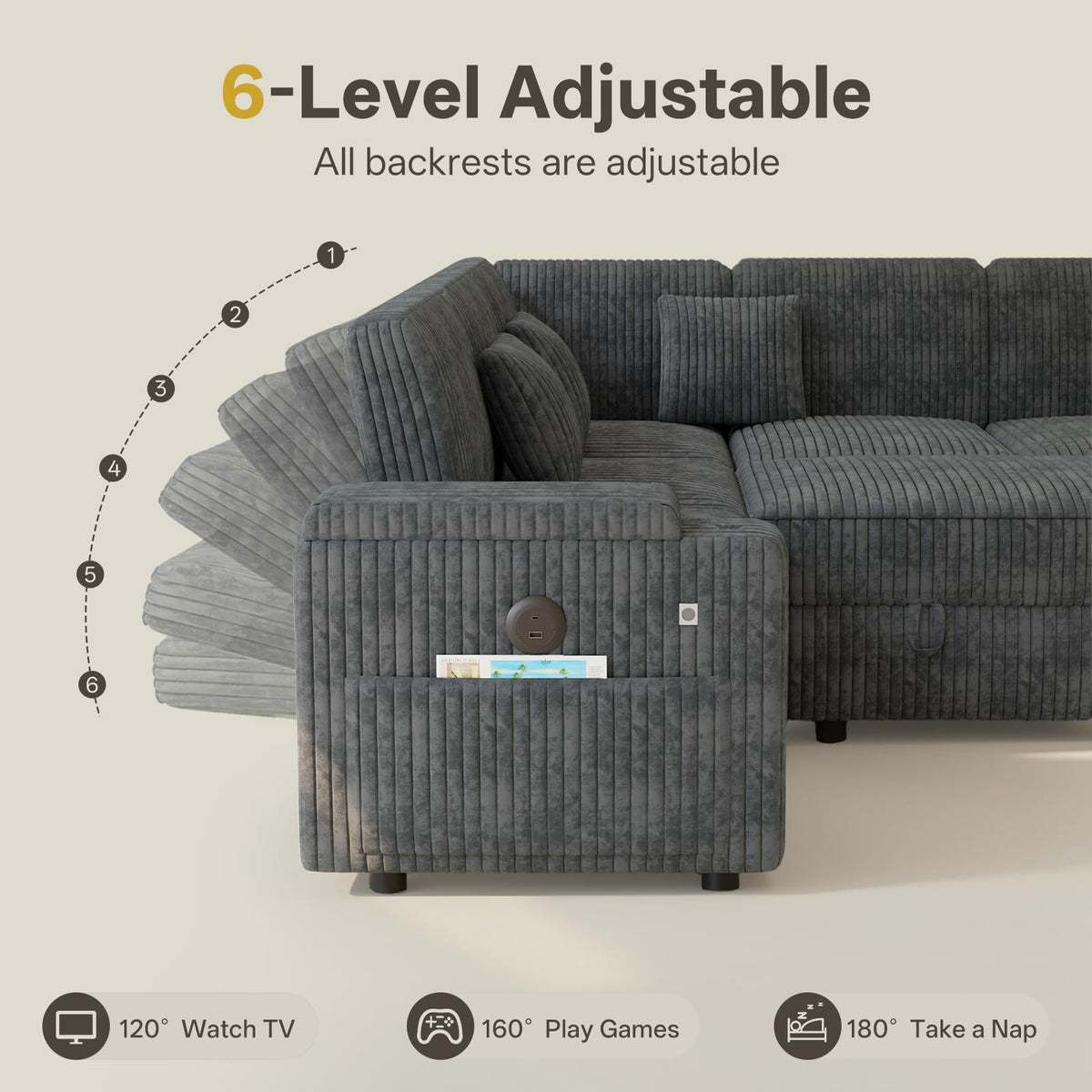 100" Modular Sectional Sleeper Sofa with Pull Out Bed, 7 Seat Corduroy U Shaped Couch with Storage Chaise|6-Position Backrest|Side Table|USB Port, Dark Grey Sectional Couches for Living Room
