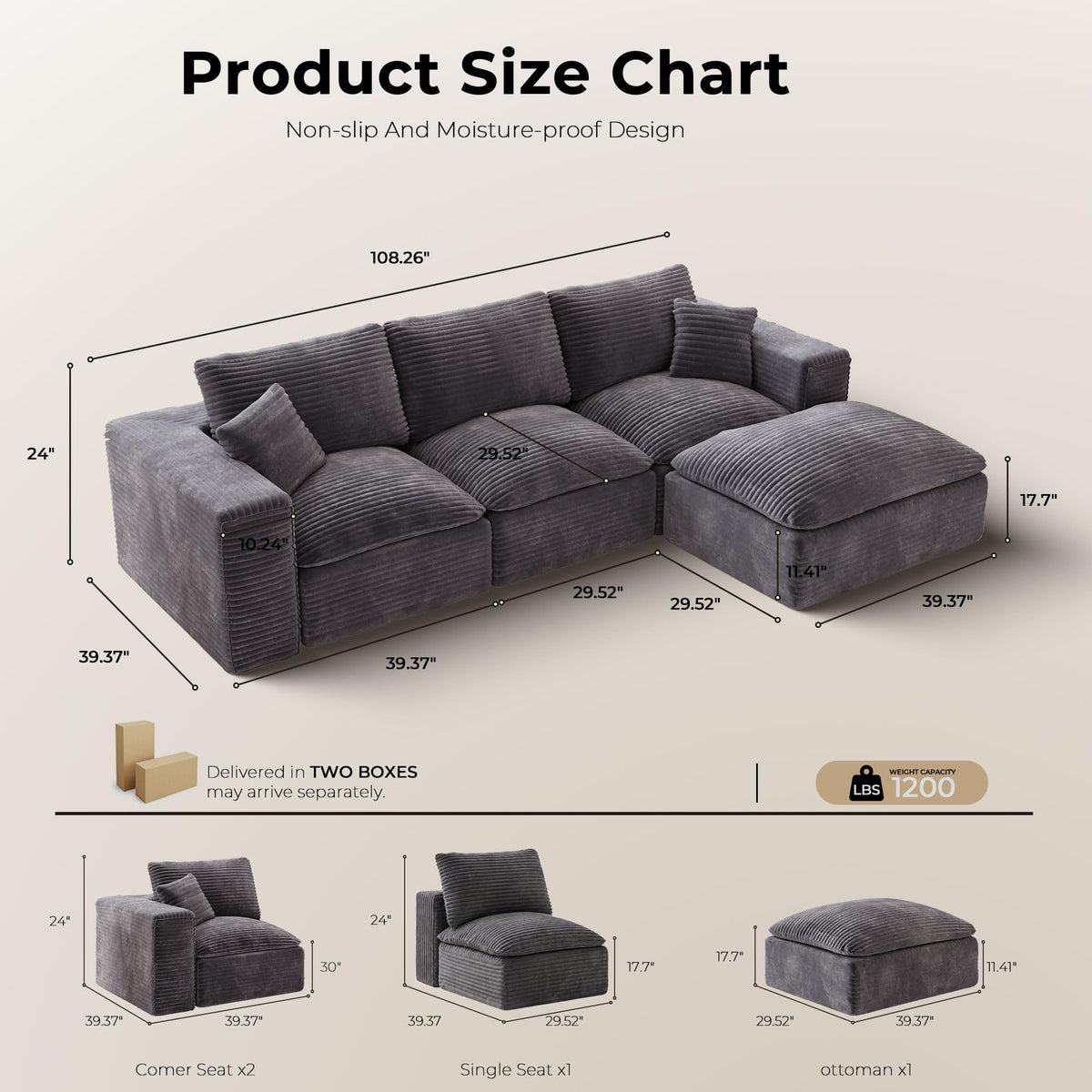108" Cloud Sectional Sofa, L-Shape Modular Couch with Chaise & Ottoman, Corduroy Fabric, Oversized Deep Seat Sofa, Interchangeable Sections for Living Room or Offices