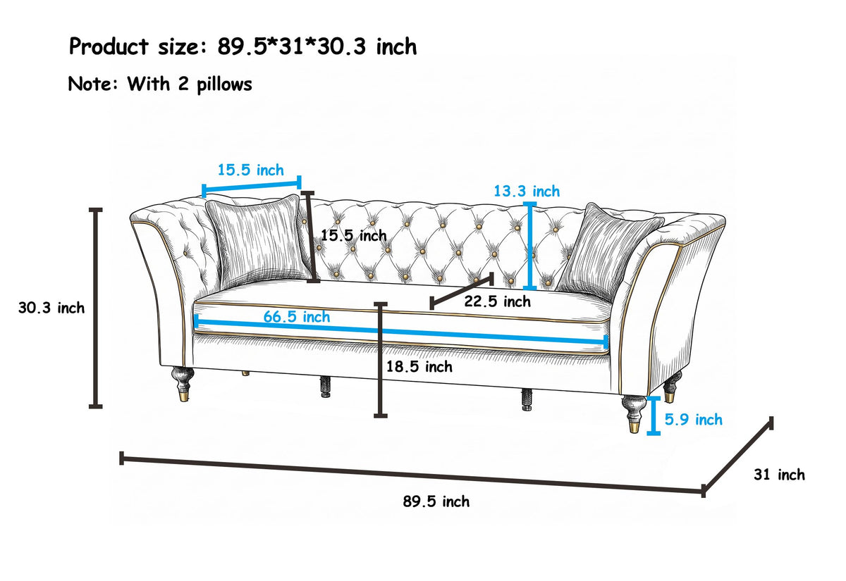 Yogald 89.5” Chesterfield Sofa 3-Seater Couch with Tufted Back, Reteo Green
