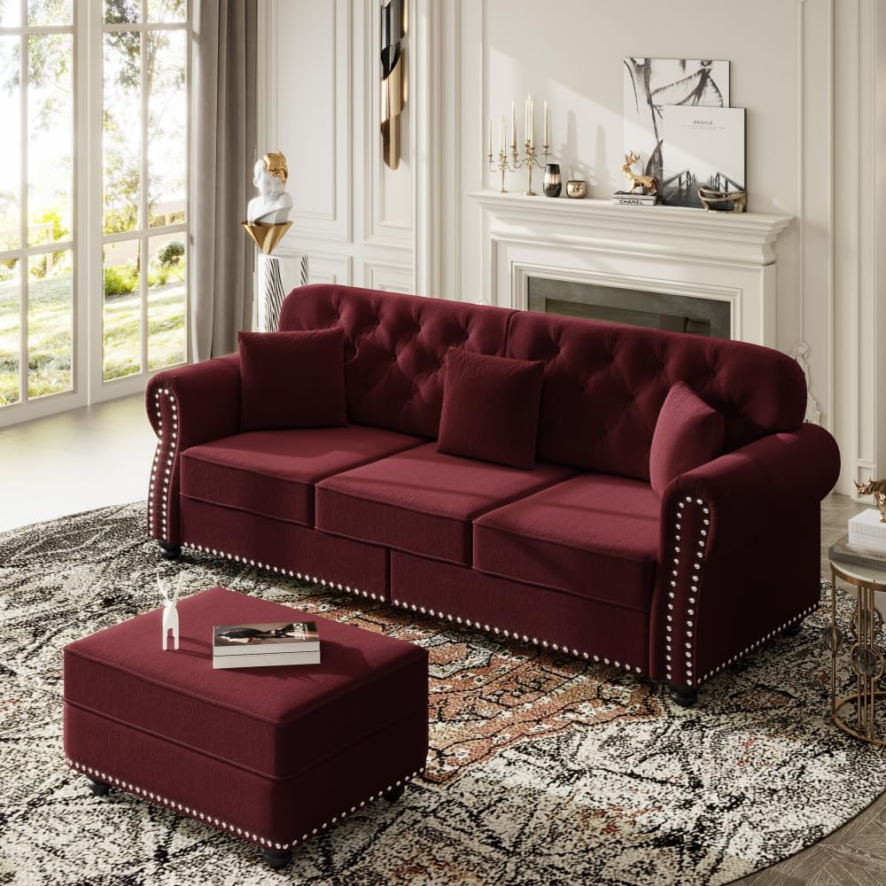 ZOEDO Upholstered Velvet Sofa with Nailhead Trim and Rolled Armrests,Mid-Century Modern Chesterfield Sofa with Button Tufted,Includes 1 Ottoman,Burgundy