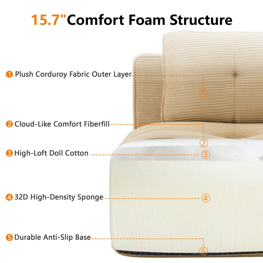 Tidyard 15? Modern U-Shaped Modular Sectional Sofa for Living Room, Corduroy Fabric 4-Seater Couch with Deep Seat & 2 Movable Ottomans, Pearl Piping, Tufted Design, No Assembly, Anti-Slip Base, Camel