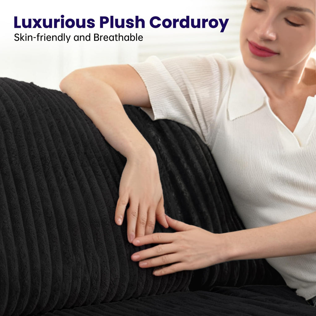 114" Cloud Sectional Couch with L-Shape Reversible Chaise, Modern Corduroy L Shaped Couch with 2 Pillows & Storage Armrests, 4 Seater Sectional Couches for Living Room, Plush Corduroy, Black