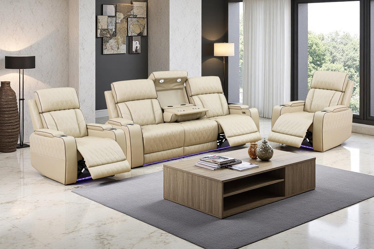 A Ainehome Power Leather Recliner Sofa Set with LED Lights, Recliner Sofa Sectional Couches for Living Room, Reclining Sofa, loveseat, Chair with USB Port/Storage Console/Cup Holder(black,3-piece set)
