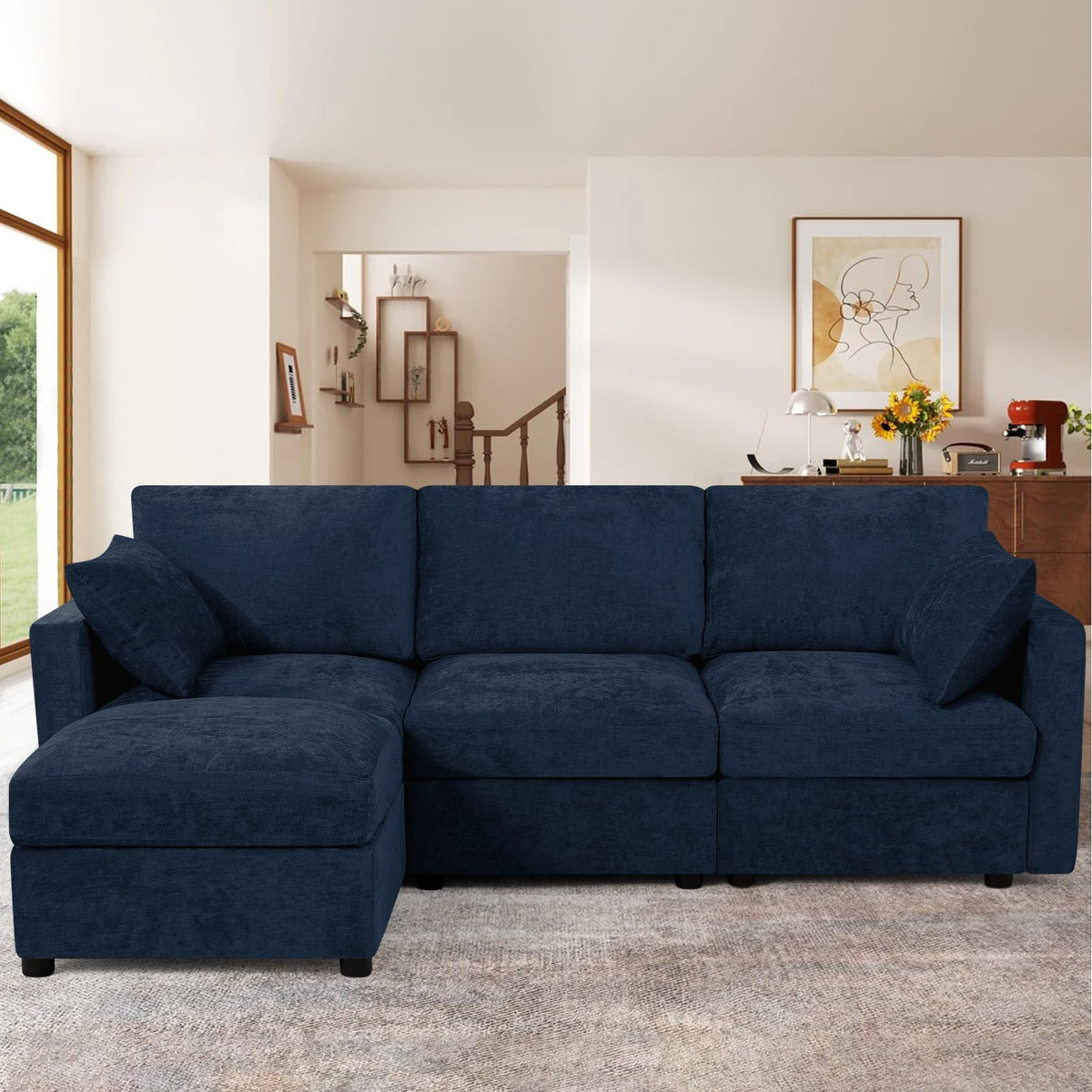 110" Chenille 4 Seats Couch with 2 Ottomans, Black