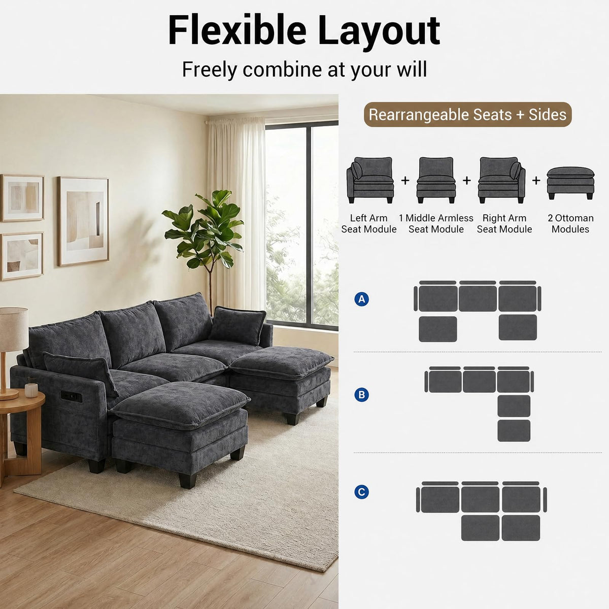 108" Modular Sectional Sofa Cloud Couch - U Shape Sofa with Charging Station Side Storage - Chenille Comfy Couches with Ottoman Movable for Living Room Bedroom Apartment Office, Black