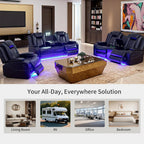 Power Recliner Sofa Set with LED Light, Black Leather Sectional Sofa and Chair Set, Living Room Furniture Sets, Modern Power Reclining Sets with Storage Console for House
