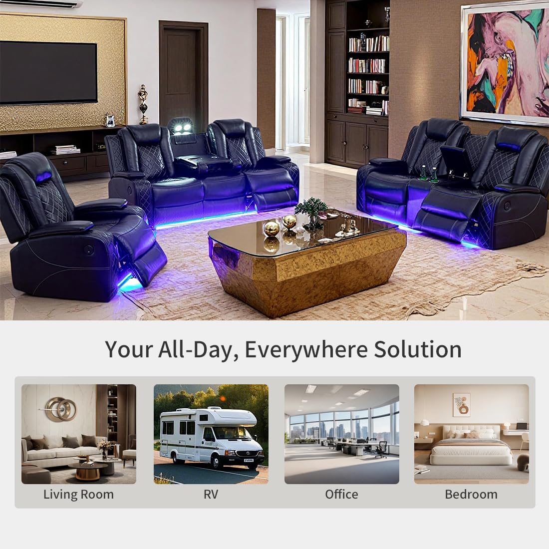 Power Recliner Sofa Set with LED Light, Black Leather Sectional Sofa and Chair Set, Living Room Furniture Sets, Modern Power Reclining Sets with Storage Console for House