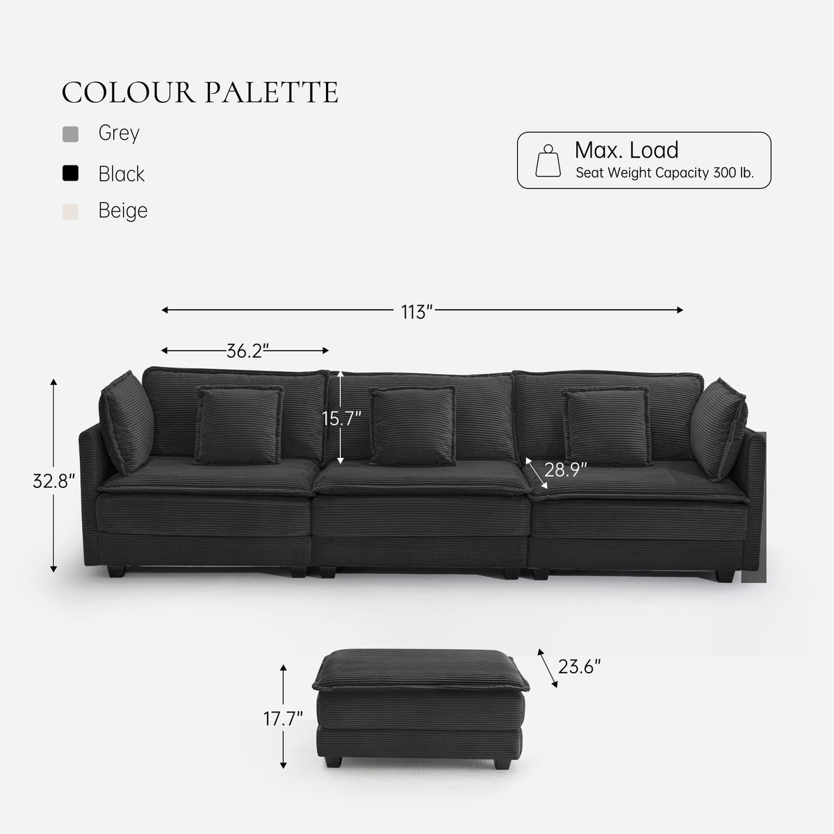 113" Modular L-Shaped Sectional Sofa with Movable Ottoman, 4-Seat Corduroy Modern Cloud Couch with Deep Seat and Pillows, Sofa Set for Living Room, Apartment and Bedroom, Black