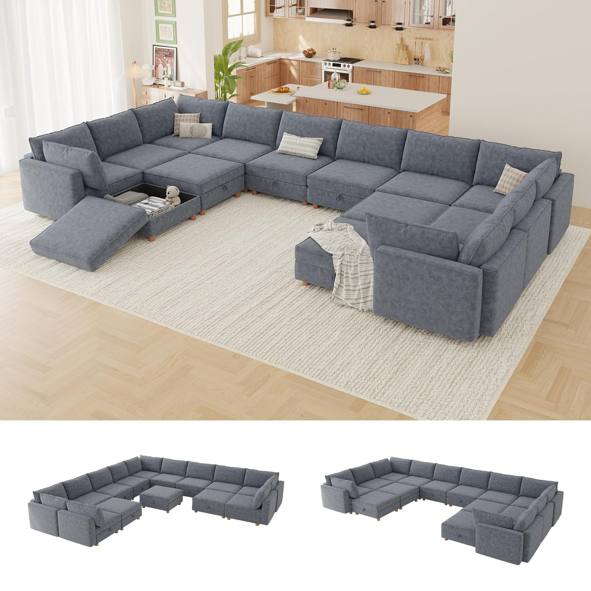 127'' Modular Sectional Sofa,FSC Certified 6 Seater Sectional Sofa,Chenille Couch with Removable Washable Covers,Modern Couch with Ottoman,U Shaped Couch with Storage,Beige Couches for Living Room