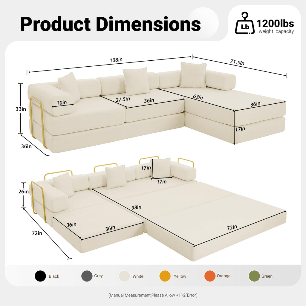 108" Convertible Folding Sofa Bed, L Shaped Modular Sectional Couchs with Fixed-Shape Frame, Corduroy Boneless Couch Bed, Cloud Mattress Sofa Sleeper Couch for Living Room (Beige, 108" W)