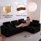 106" Convertible Sleeper Sectional Sofa Bed, 4-in-1 Corduroy Boneless Couch with Fixed-Shape Frame, Modular L-Shaped Sofa with Pillows, Fold Out Floor Sofa for Living Room Apartment (Black)