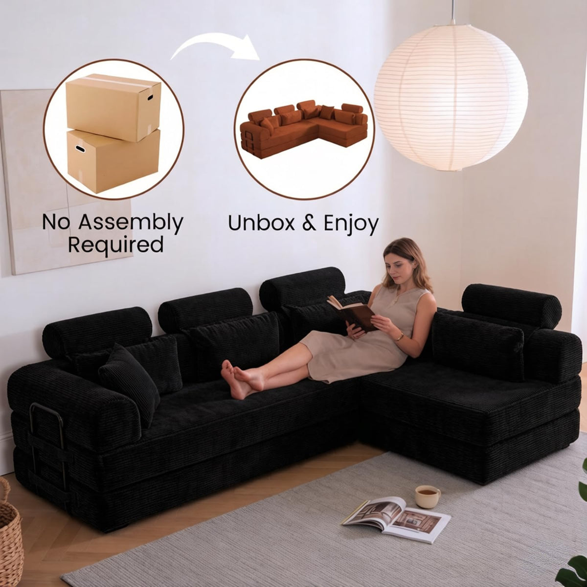 106" Convertible Sleeper Sectional Sofa Bed, 4-in-1 Corduroy Boneless Couch with Fixed-Shape Frame, Modular L-Shaped Sofa with Pillows, Fold Out Floor Sofa for Living Room Apartment (Black)