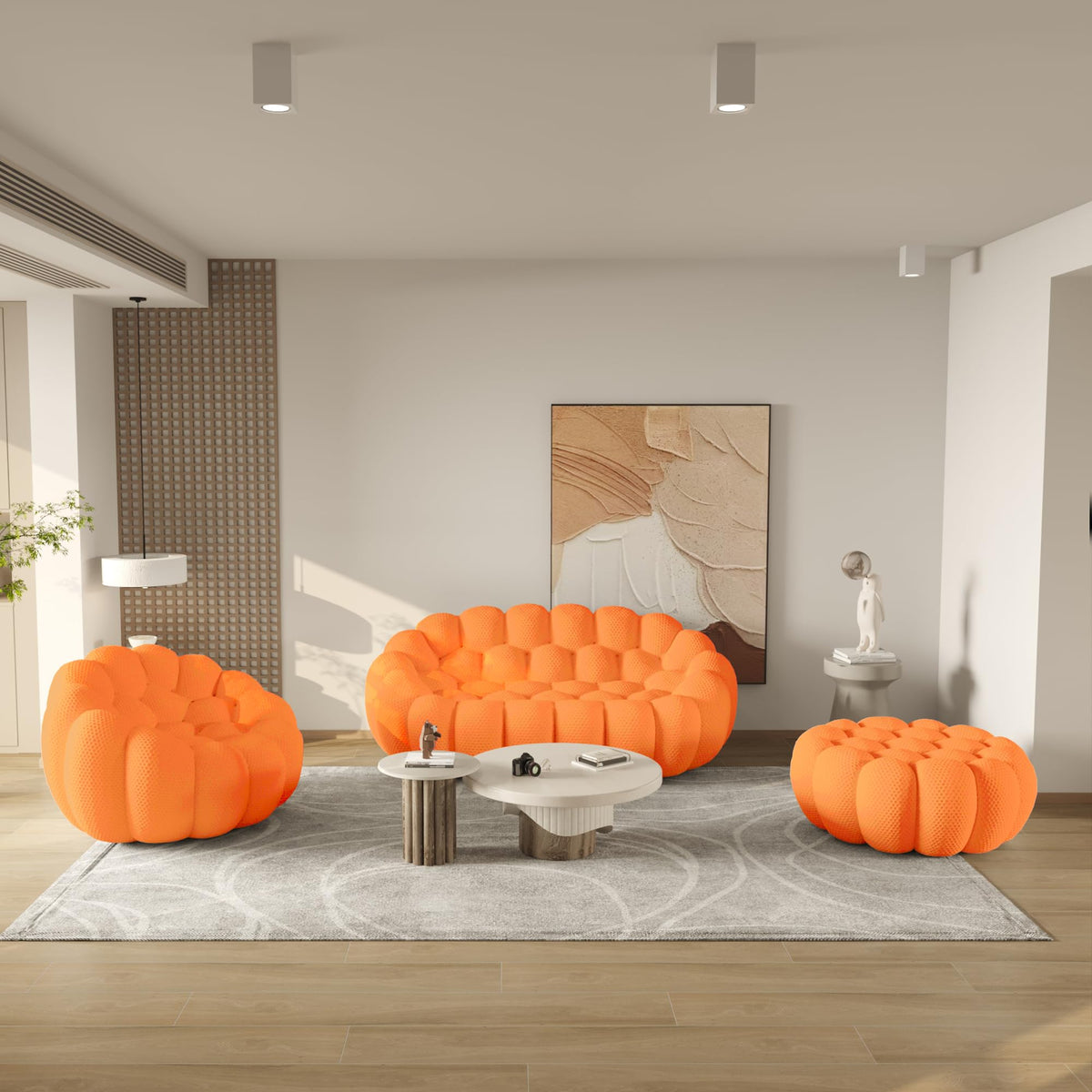 WJShome Modern Bubble Sofa Couch, 79.53" Curved Sofas for Living Room, Boneless Large Bean Bag Chair,Deep Seat Floor Sofas Chair Lounge 3 Seater for Home,Orange
