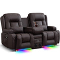 TUNYI Power Loveseat Recliner Sofa, Faux Leather Reclining Sofa with Console RV Reclining Loveseat Couch with USB/Outlet/Storage/Side Pocket/LED Light/Speaker (Brown, Loveseat)