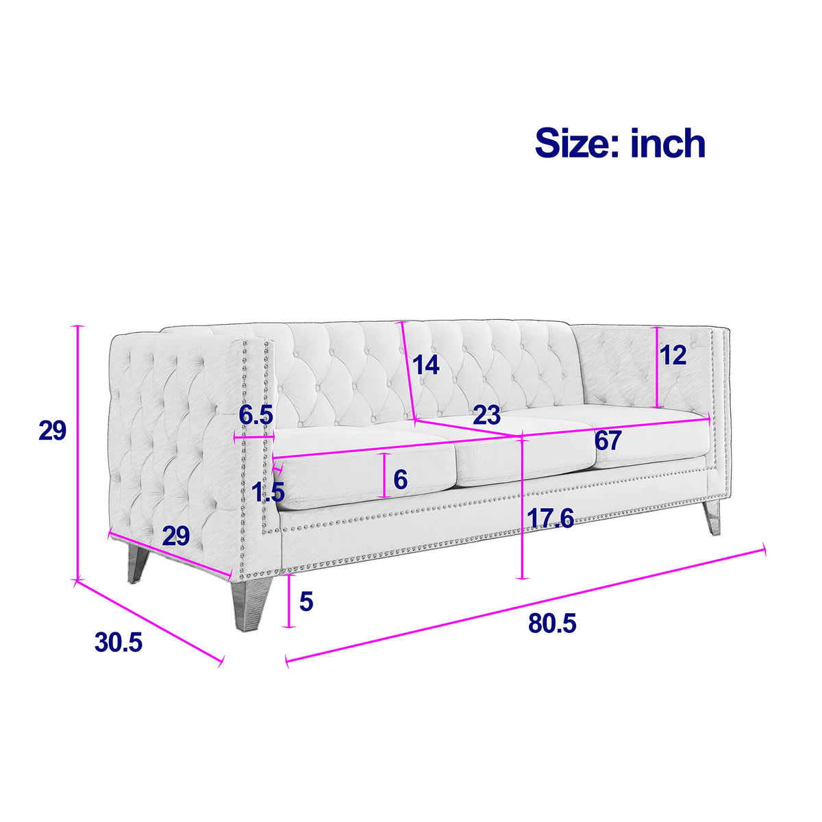 Velvet Tufted Chesterfield Sofa,Buttons Tufted Square Arm Couch, 3-Seater Couch with Nailhead Trim and Metal Legs, 80.5 Inch, for Living Room (Beige)