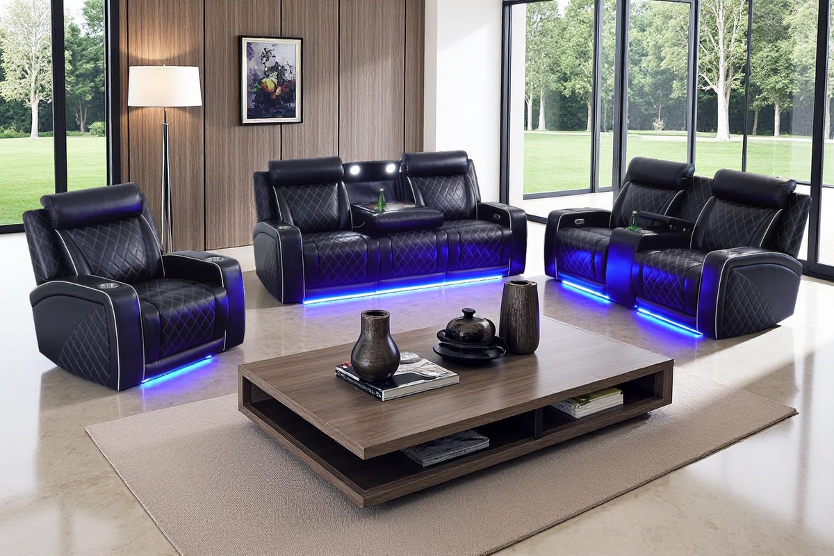 A Ainehome Power Leather Recliner Sofa Set with LED Lights, Recliner Sofa Sectional Couches for Living Room, Reclining Sofa, loveseat, Chair with USB Port/Storage Console/Cup Holder(black,3-piece set)