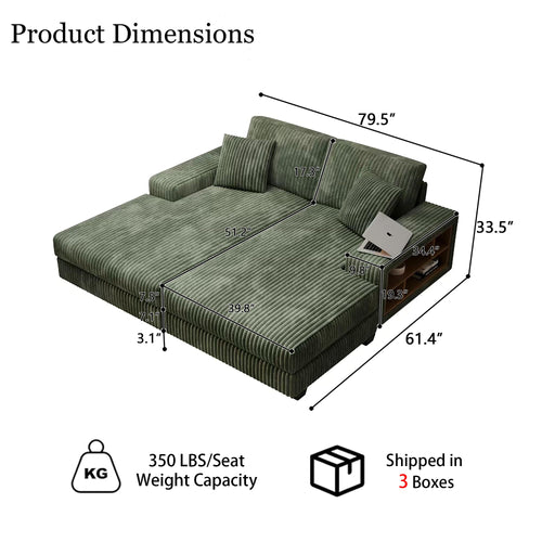 79.5" Oversized Double Chaise Lounge Chair Indoor, Modern Upholstered Sleeper Sofa Bed with 2 Storage Armrests & Throw Pillows, Comfy Fluffy Corduroy Couch for Living Room (Green, 79.5" Double Chaise)