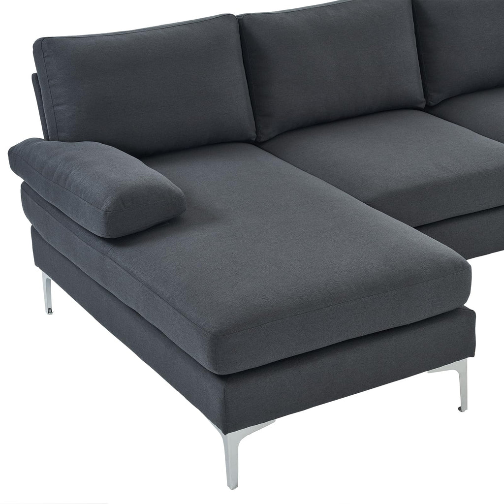 110" U-Shaped Sectional Sofa, 4-Seat Modular Couch with Double Chaise, Modern Linen Fabric Sofa for Living Room, Heavy Duty 1200lbs Capacity, Metal Legs, Dark Gray