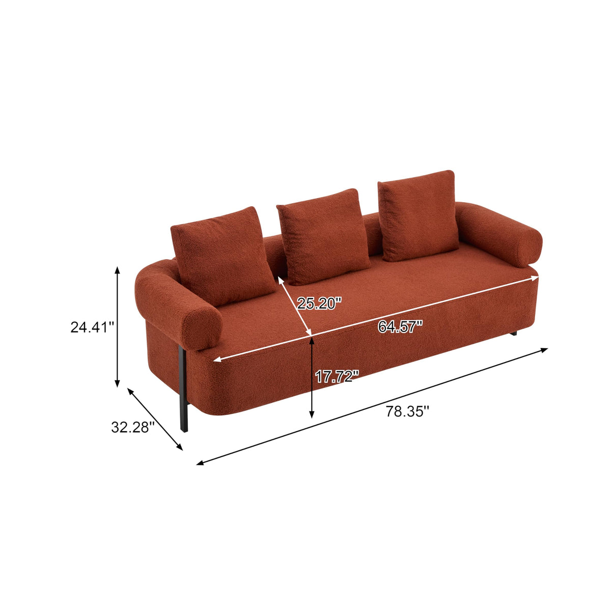 78" 3 Seater Orange Upholstered Sofa, Oversized Comfy Couch with 3 Plush Pillows for Living Room, Bedroom, Apartment