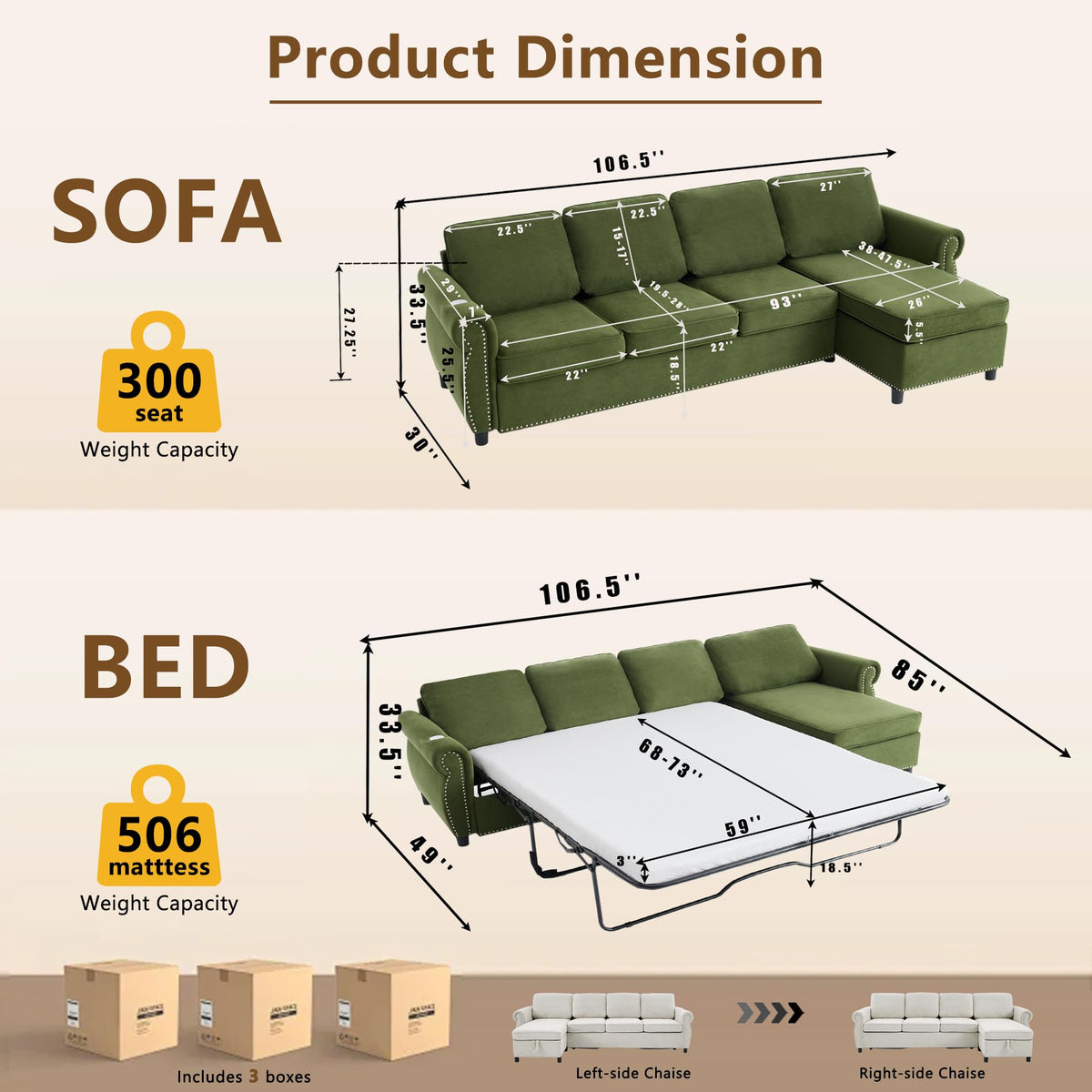 106.5'' Sectional Sleeper Sofa Bed, Flannel Pull Out Couch Mattress, Green