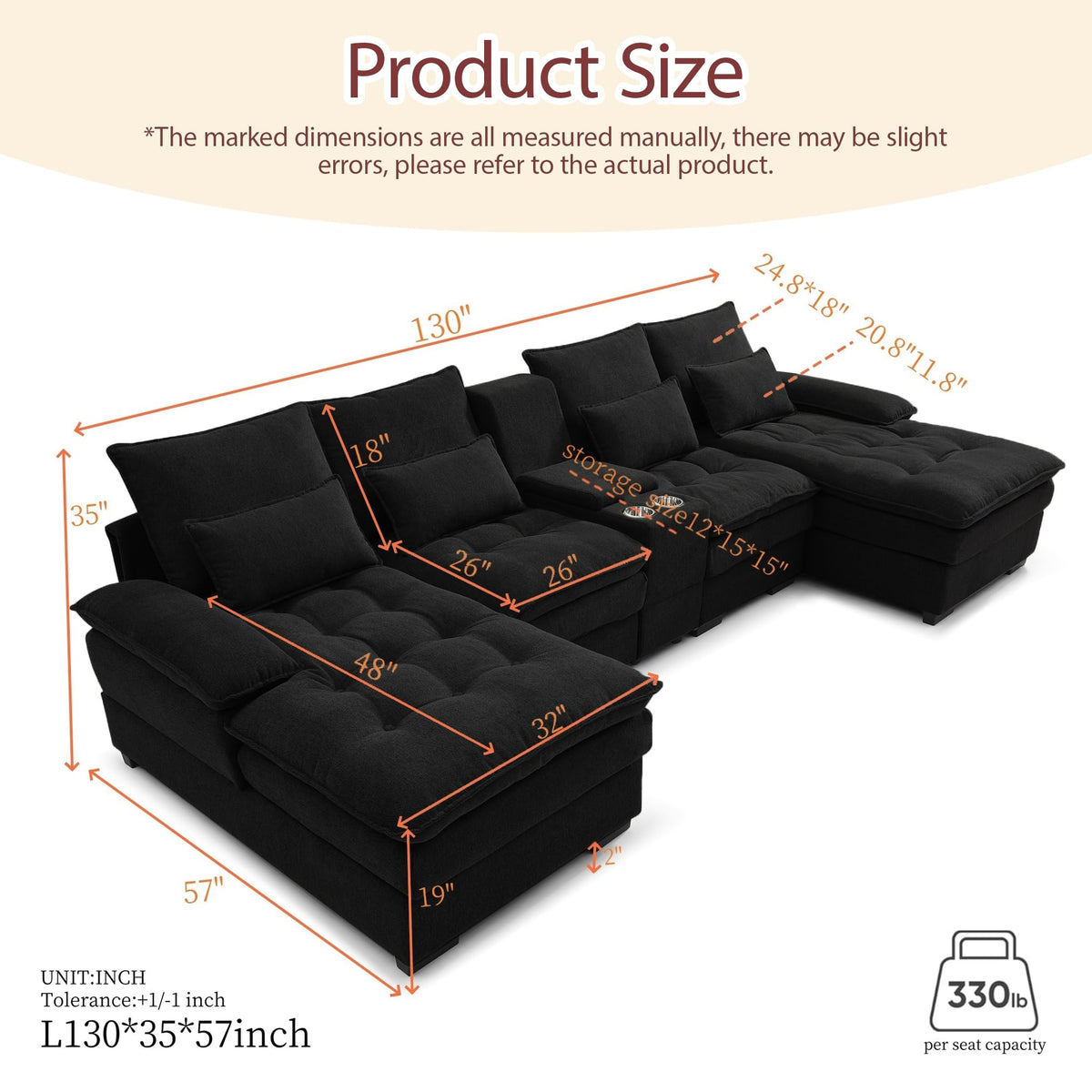 130" U-Shaped Modular Sectional Sofa, Oversized Cloud Couches with Storage Console & Cup Holders, Linen Sofa with Chaise/Pillows, 6-Seater Deep Seat Couches for Living Room (Black)