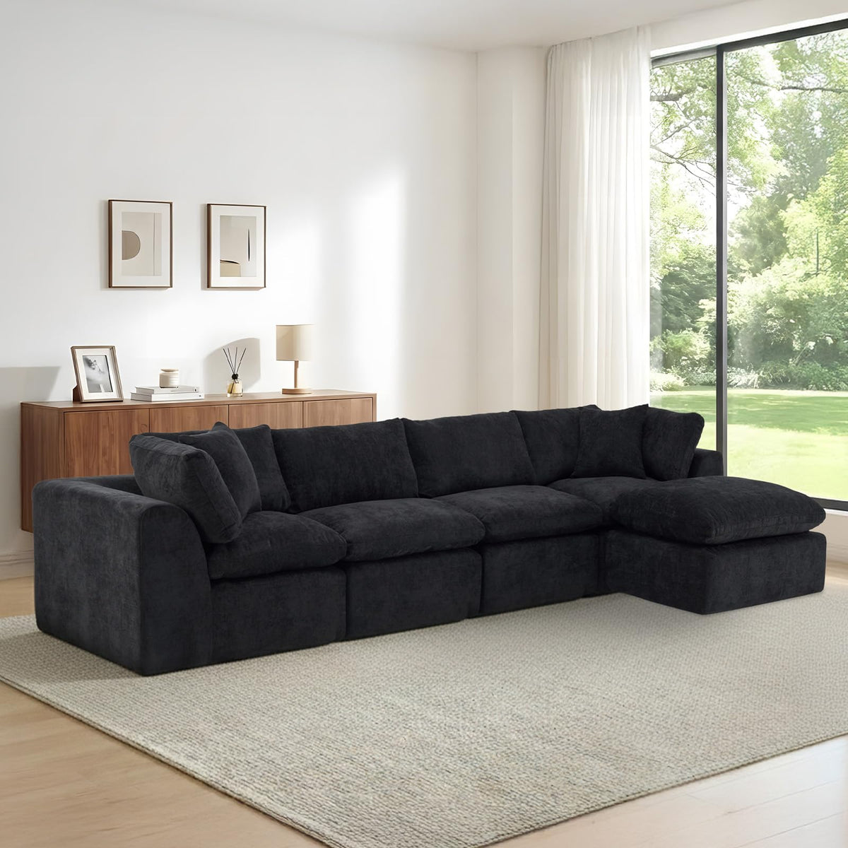 110" Beige Boneless Sectional Couch with Ottoman