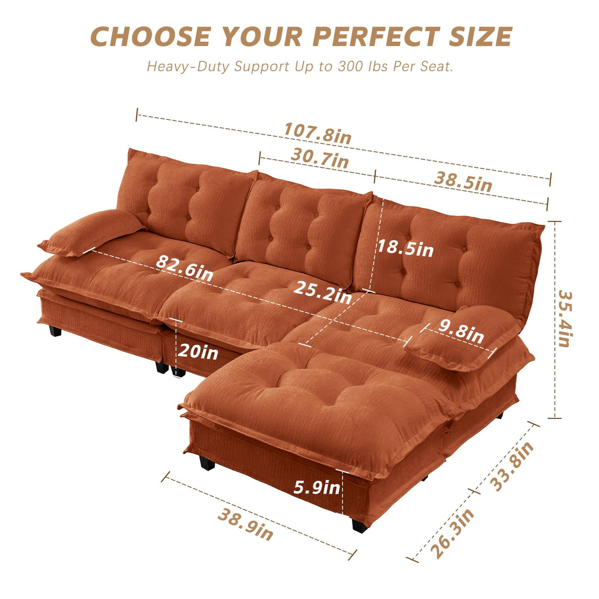 107.5" Modular Sectional Sofa-Chenille Deep 3 Seater L-Shaped Cloud Couch with Ottoman, Button Seat Cushions for Living Room & Apartment, Orange