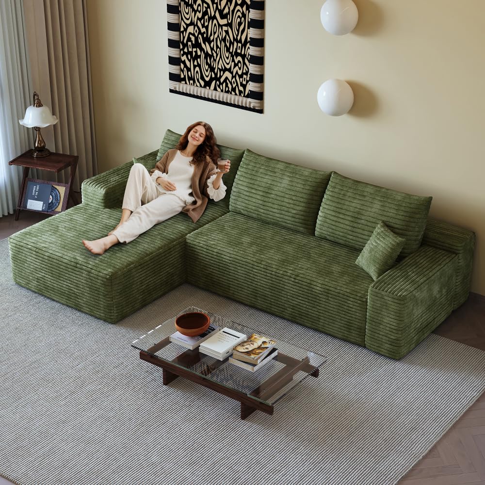 107" Cloud Sectional Sofa with 1 Ottoman,Modern Minimalist Upholstered Couches,Comfort U Shaped Sofa for Living Room,Deep Seat Corner Couch (Green)