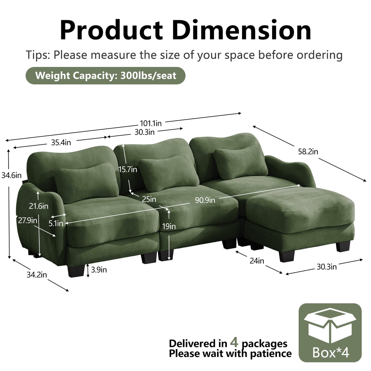 101.1" Modular Cloud Couch Deep Seat Sectional Sofa L Shaped Couch
