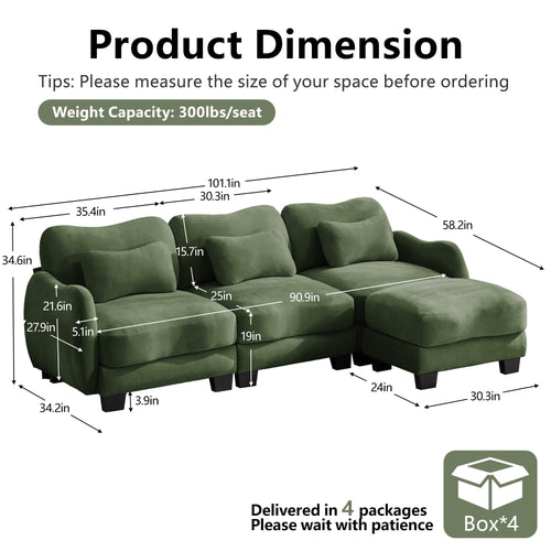 101.1" Modular Cloud Couch Deep Seat Sectional Sofa L Shaped Couch