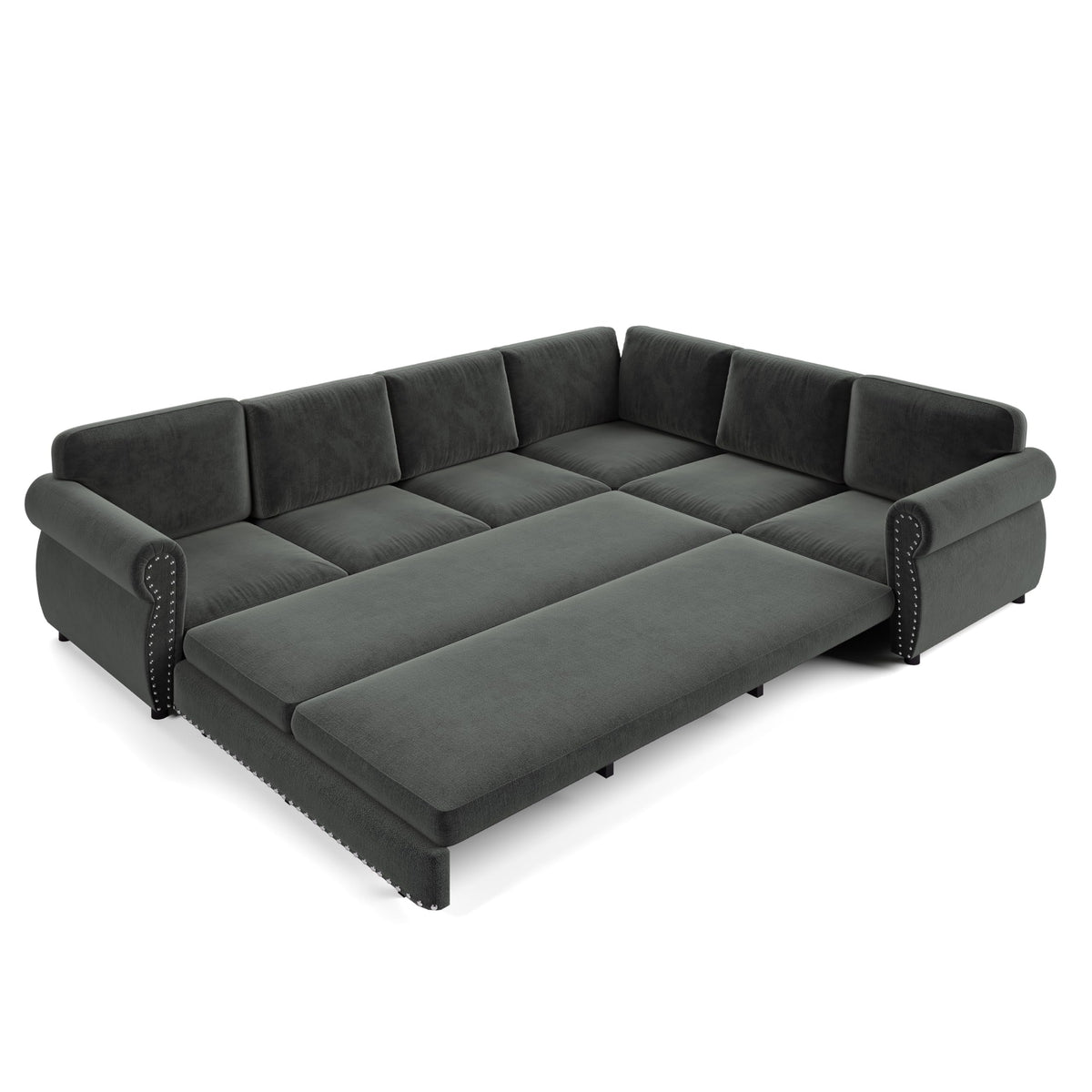 118'' Pull Out Couch, Convertible Sleeper Sofa Bed, Upholstered Sectional Sofa, Chenille L-Shaped Couch with Nailhead Trim, Modern Sectional Couches for Living Room, Apartment, Dark Grey